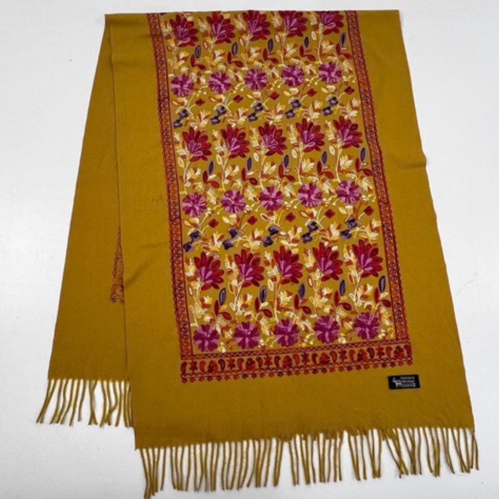 Mustard Yellow Floral Embroidered Wool Scarf Fringed Kashmiri Shawl Pashmina
